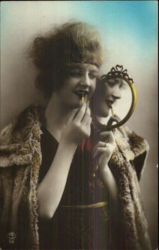 Art Deco Glamour Fashion - Woman Applying Makeup Tinted Rppc 1