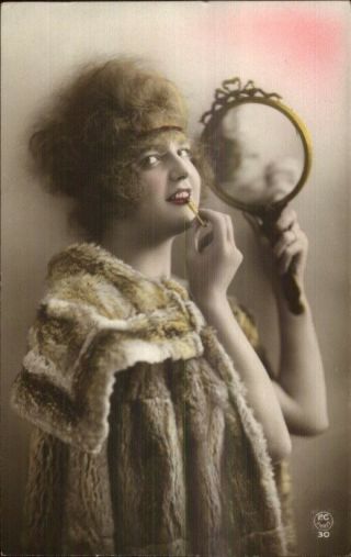 Art Deco Glamour Fashion - Woman Applying Makeup Tinted Rppc 2
