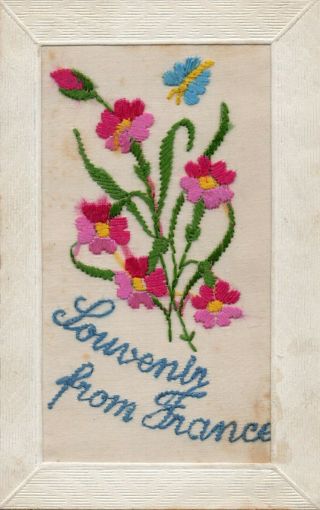 Souvenir From France: Insect Over Roses: Ww1 Embroidered Silk Postcard