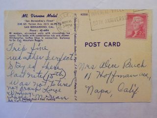 linen 1940 ' s Mt.  Vernon motel in San Bernardino CA on Route 66 post card,  s 2