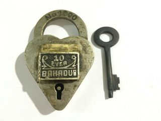 13 Old Antique Solid Brass Trick/puzzle Padlock With Key Miniature Heart Shaped