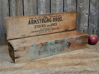 Antique Vtg Old Wood Advertising Armstrong Tool Lidded Box Crate