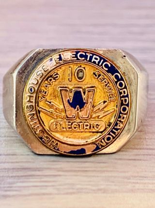 Westinghouse Electric Corporation 10 Year Service Ring Sterling/10 K Enamel Sz 9