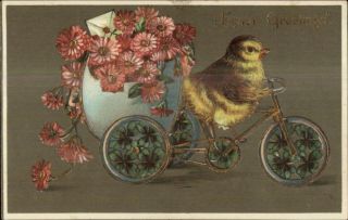 Easter Fantasy - Chick On Bicycle Tricycle Egg Shell W/ Flowers C1910 Postcard