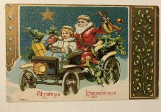Santa Claus In Old Car With Child Toys Antique Embossed Christmas Postcard - C888