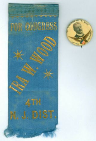 Vintage 1906 Jersey Congressman Ira W.  Wood Campaign Pinback Button & Ribbon