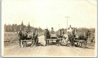 Vintage Rppc Real Photo Postcard Farming Scene - 3 Horse Teams & Wagons C1910s