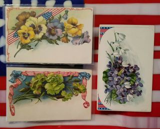 3 Antique Patriotic Postcards Fourth Of July Floral Flag Embossed