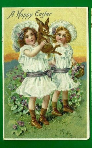 Easter Embossed Postcard/ 2 Cute Little Girls/hats/holding Rabbit/flowers/tucks