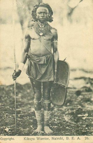 Postcard Nairobi Kikuyu Warrior Nairobi B E A.  Africa Social History