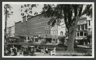Watertown Ny: 1940s Rppc Real Photo Postcard Public Square Park,  Woodruff Hotel