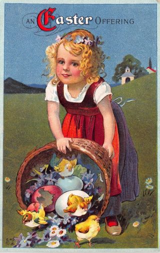 Easter Postcard Little Blonde Girl With Basket Of Flowers,  Chicks,  Eggs 111331