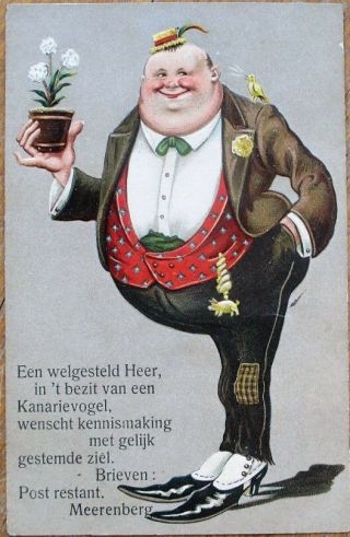 Fat Man,  Potted Plant/flowers 1910 Embossed,  Color Litho Postcard - Canary Singing