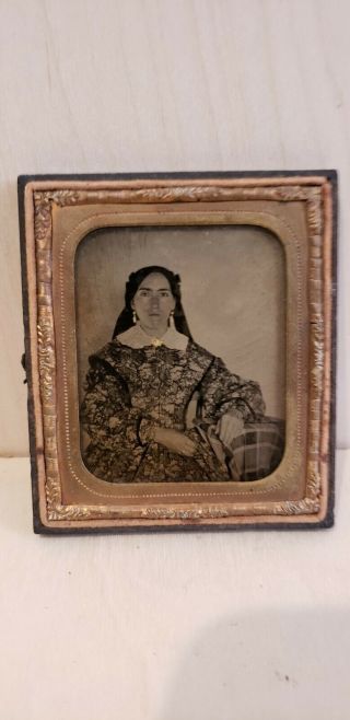 Antique Ambrotype Photograph Lady Hand Tinted Gold Jewelry Half Case