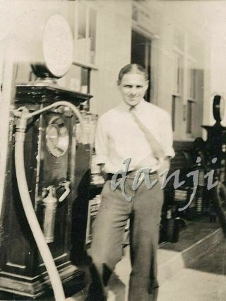 Gas Station Worker " Lewis " Posing By Pump,  Socony Oil Cans Old Occupation Photo