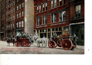 Printed Postcard Chicago Fire Department Hose Wagons Steam Engine 181