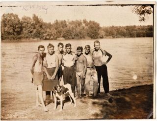 Group Handsome Shirtless Men,  Sunbathe By The River With A Dog,  1939
