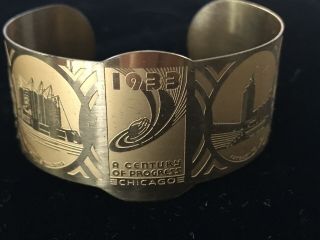 1933 Chicago Worlds Fair Copper Bracelet The Century Of Progress In Good Cond.