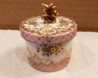 Vintage Porcelain Stamp Roll Holder Dispenser W/lid Flowers And Gold Detail