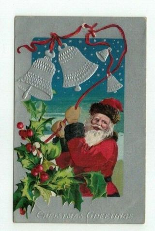 Antique Embossed Christmas Post Card Smiling Santa Rings Silver Foil Bells