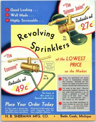 Battle Creek Mi Advertising Linen Postcard H.  B.  Sherman Mfg.  Revolving Sprinkler