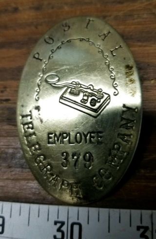 Postal Telegraph Company Employee Badge - Brass Vintage Antique