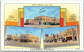Vintage Texas Advertising Linen Gateway Hotels Postcard Marfa & Van Horn C1940s