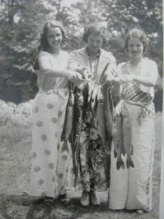 Vintage Snapshot Photo " 1 Fish 2 Fish 3 Ladies Fishing " 1930 