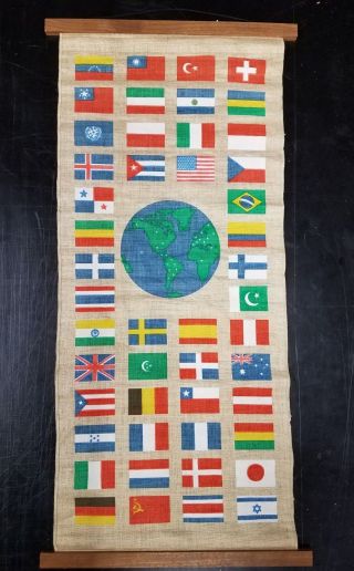 Vintage Linen World Flag Banner: Great Condition: Wall Mount Ready: