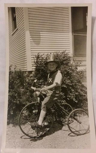Vintage 1920 Photo Little Boy Dressed As Fireman On Tricycle Ax Firemen 