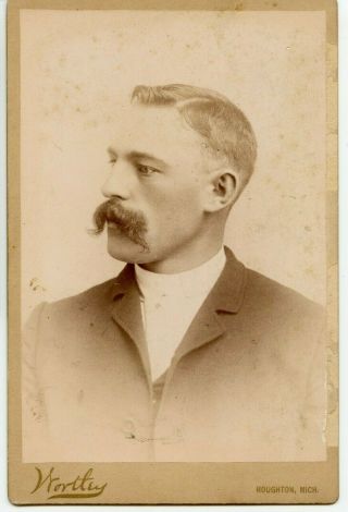 Vtg Antique Cabinet Photo Handsome Dapper Man W Large Mustache Michigan