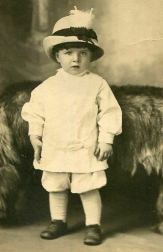 Antique Matted Photo Cutest Little Boy W Fancy Hat & Leggings West Newton Ma