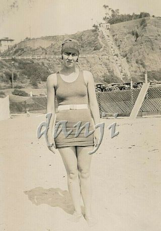 Shapely Wool Swimsuit Deco Girl Standing In The Sand With Cars In Back Old Photo