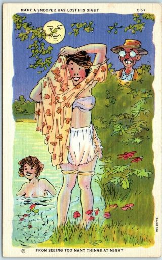 Ray Walters Artist - Signed Comic Postcard Skinny Dipping Curteich Linen C - 57