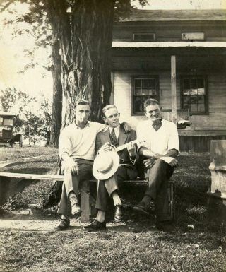 F712 Vtg Photo Three Men Mini Banjo,  Smoking Pipe Cigarette C Early 1900 