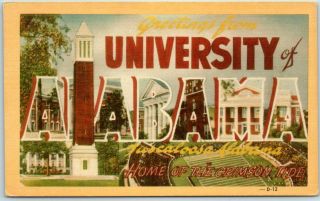 1940s University Of Alabama Large Letter Postcard W/ Football Field Dexter Linen