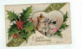 Antique Embossed 2 Cats Kittens Christmas Post Card Heart Shaped Frame