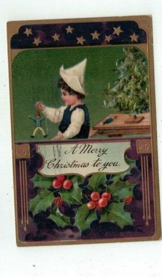 Antique Embossed 1910 Finkenrath Christmas Post Card Boy With Puppet