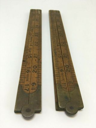 2 Antique Rabone 36 " Boxwood/brass Folding Rulers 1173 Made In England