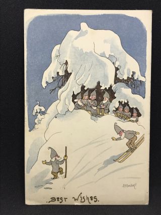 Antique Art Postcard The Gnomes Winter Journey By E.  Kreidolf Snow Skiing C1919