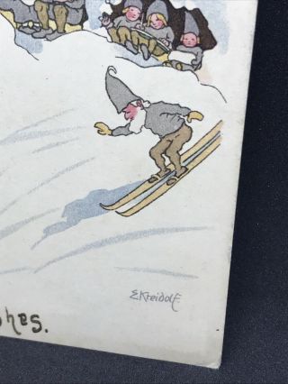 Antique Art Postcard The Gnomes Winter Journey by E.  Kreidolf Snow Skiing c1919 2