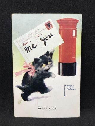 Antique Art Postcard Here’s Luck Black Cat Posting A Card By Lawson Wood,  1085