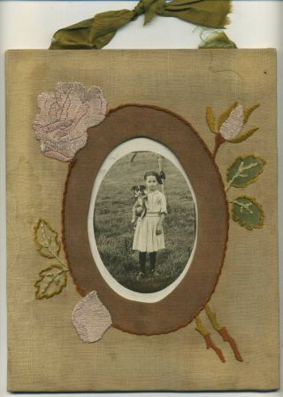 Antique Photo Cute Young Girl W/ Puppy Dog Pet Animal Handmade Frame Vtg Named