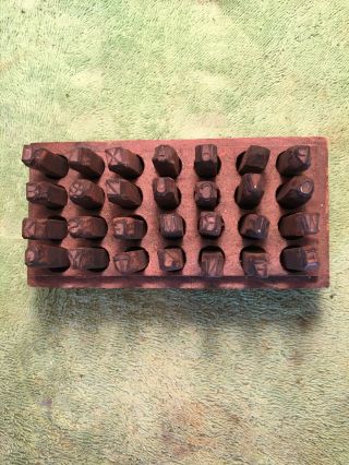 Old Vtg Antique Alphabet Set Punch Press Metal Stamp Wood Box Set Of 28