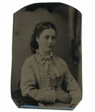 Antique 1/6 Plate Tintype Photograph Of Attractive Woman In Studio Portrait
