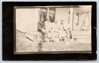 Rppc Crew Of Five House Painters Sit On Porch Paint Cans Ladder Man In Suit 1910