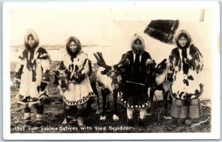 Alaska Rppc Real Photo Postcard " Four Eskimo Natives With Sled Reindeer " C1950s