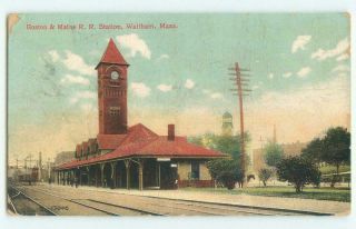 Waltham Ma Boston & Maine Railroad Station Depot 1909 Antique Postcard 26347