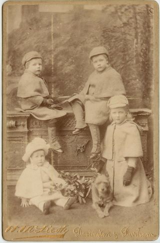 Cabinet Card Photo Of Brothers & Sister With Family Dog,  Durham,  Uk