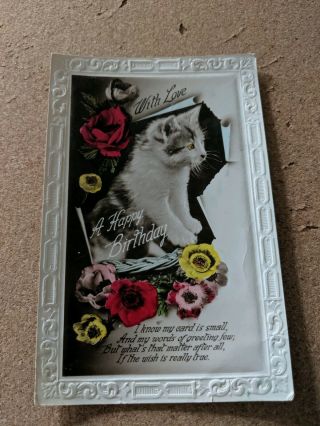 Cat Vintage Postcard.  Rppc.  Kitten.  Birthday.  Flowers.  Mailed.